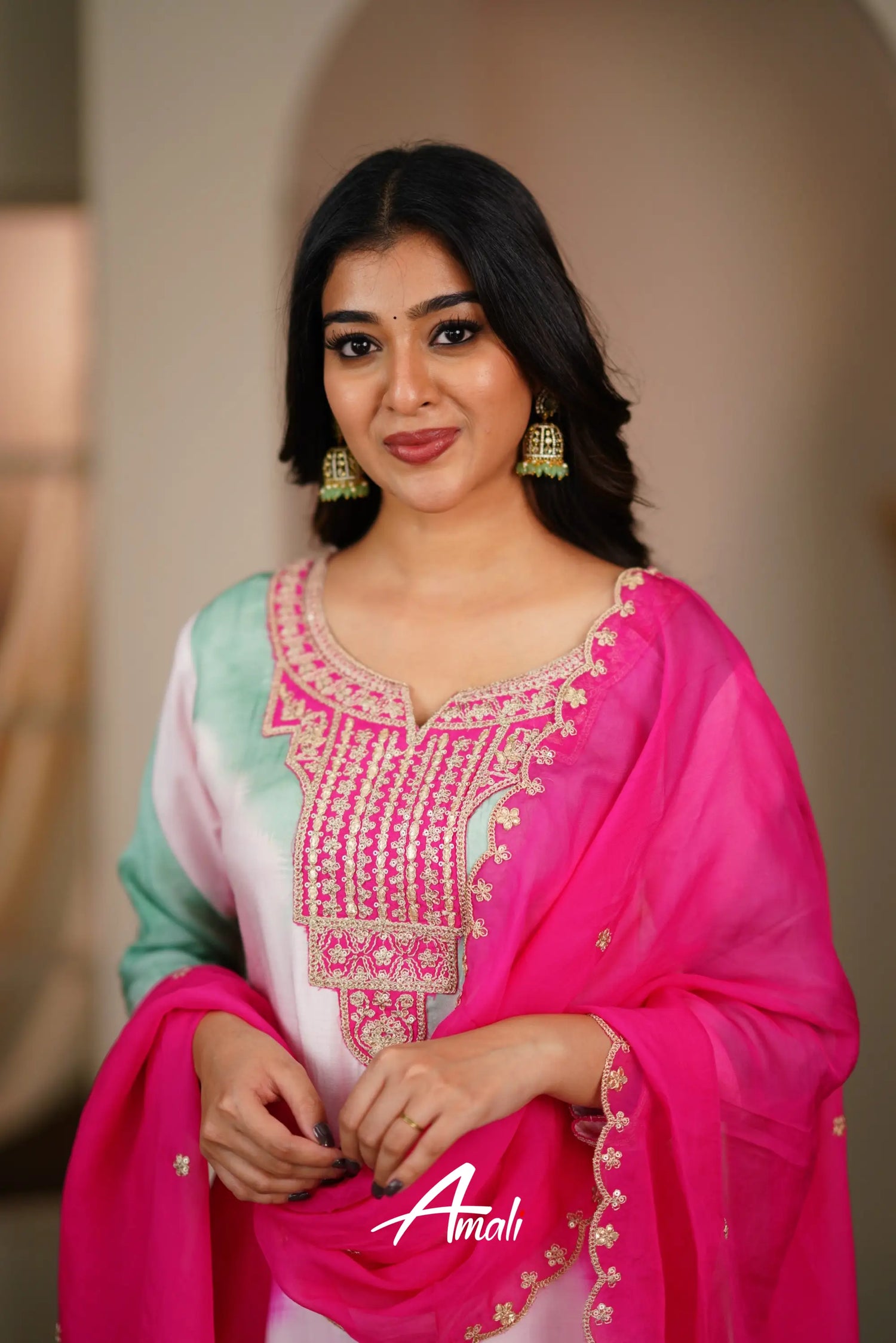 Pink And Mint Rayon Crepe Salwar Anarkalis