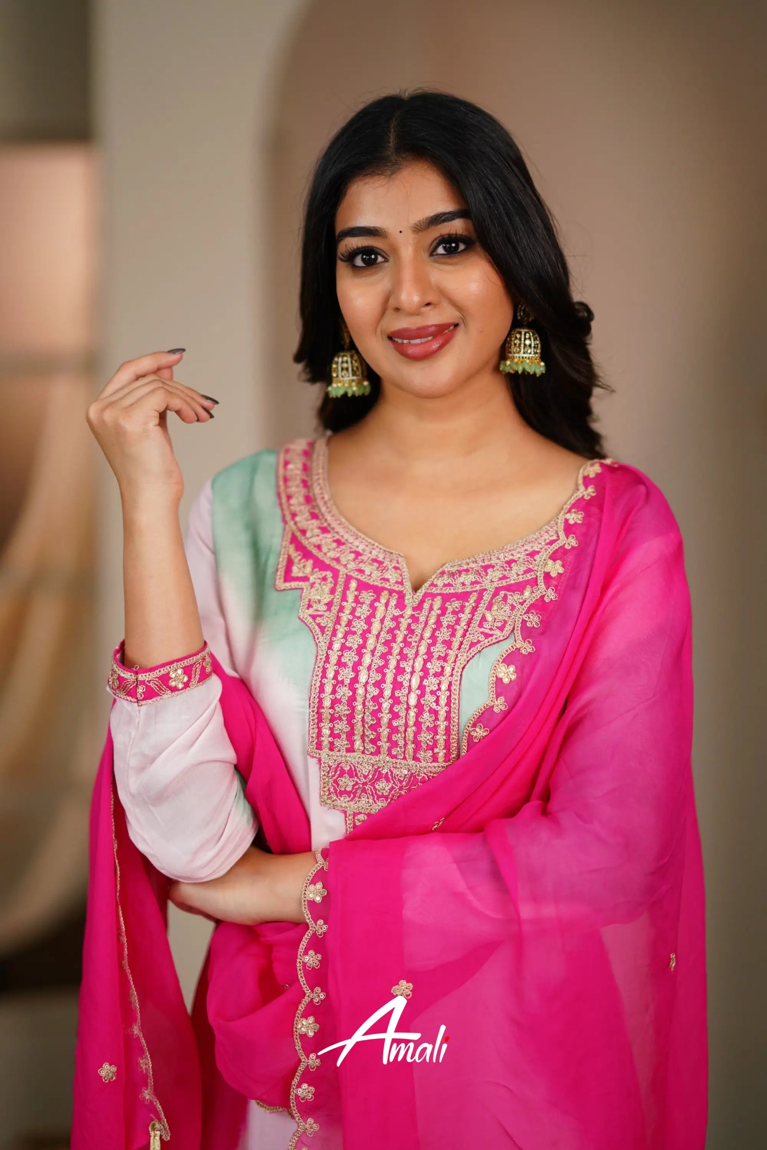 Pink And Mint Rayon Crepe Salwar Anarkalis