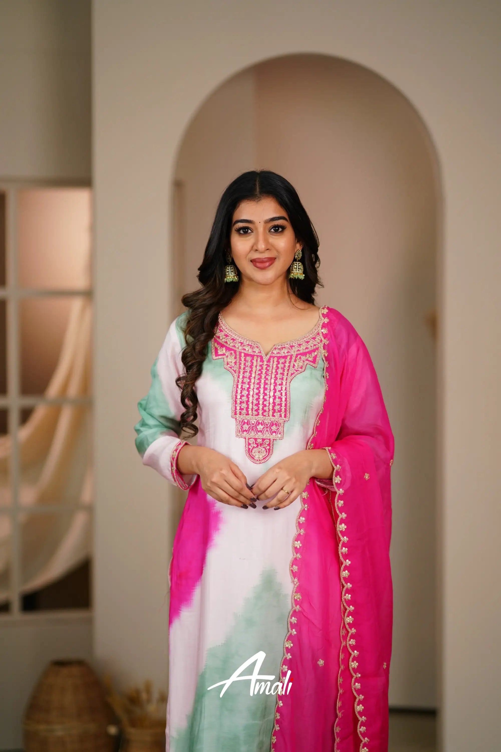 Pink And Mint Rayon Crepe Salwar Anarkalis