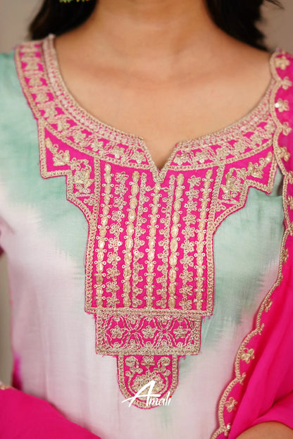 Pink And Mint Rayon Crepe Salwar Anarkalis