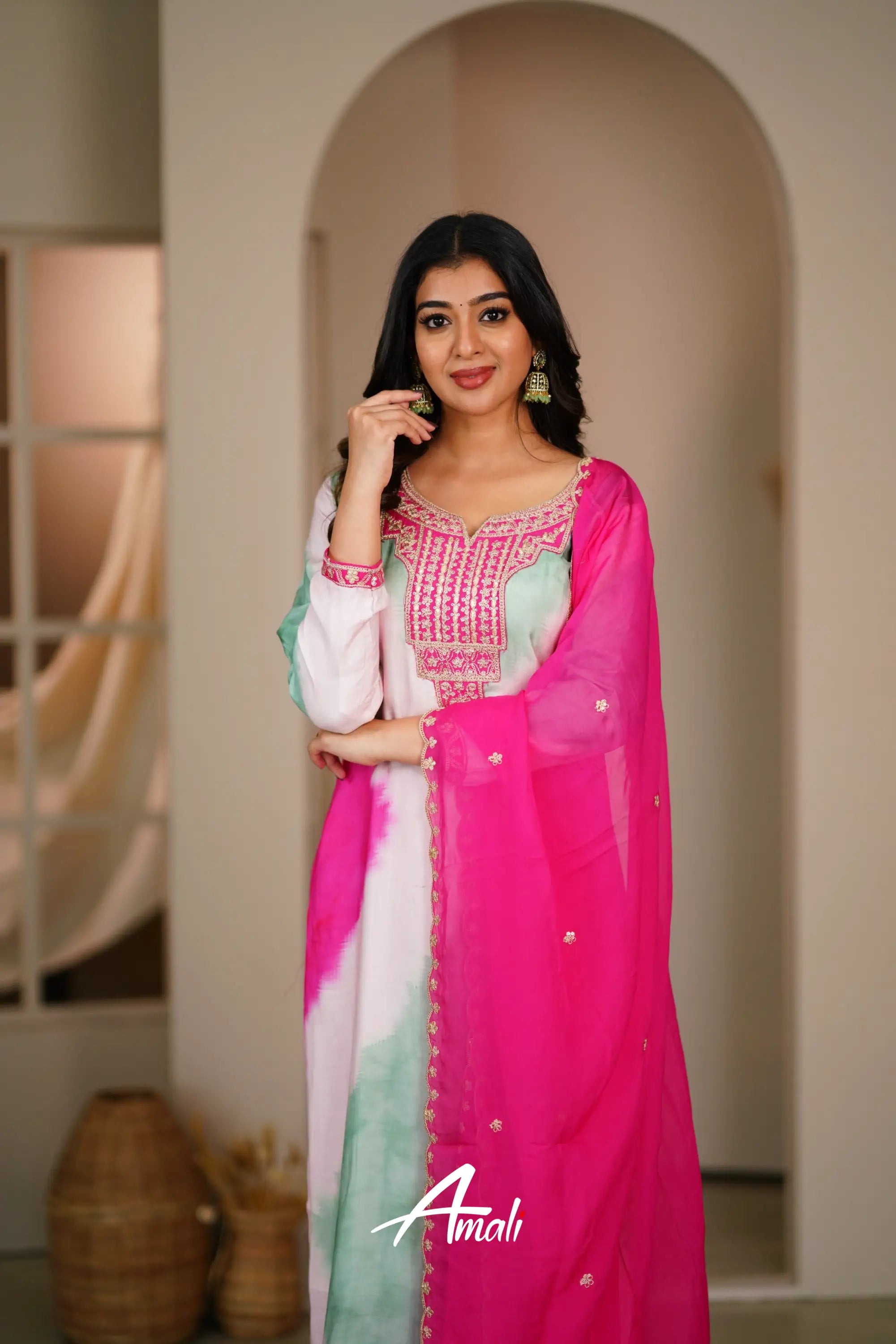 Pink And Mint Rayon Crepe Salwar Anarkalis