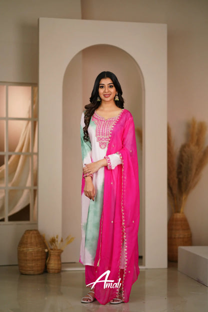 Pink And Mint Rayon Crepe Salwar Anarkalis