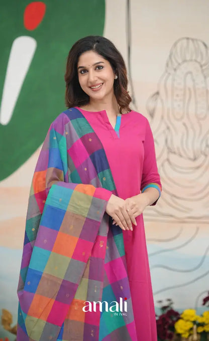 Pink and Multi Coloured Checks A-Line Salwar Set salwar