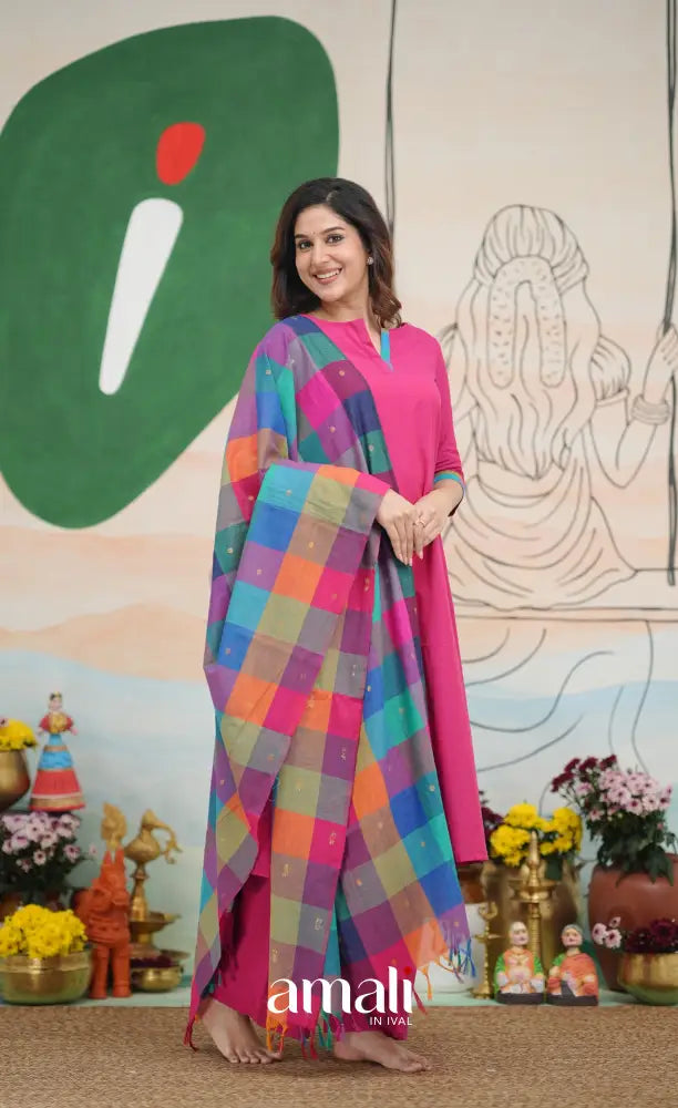 Pink and Multi Coloured Checks A-Line Salwar Set salwar