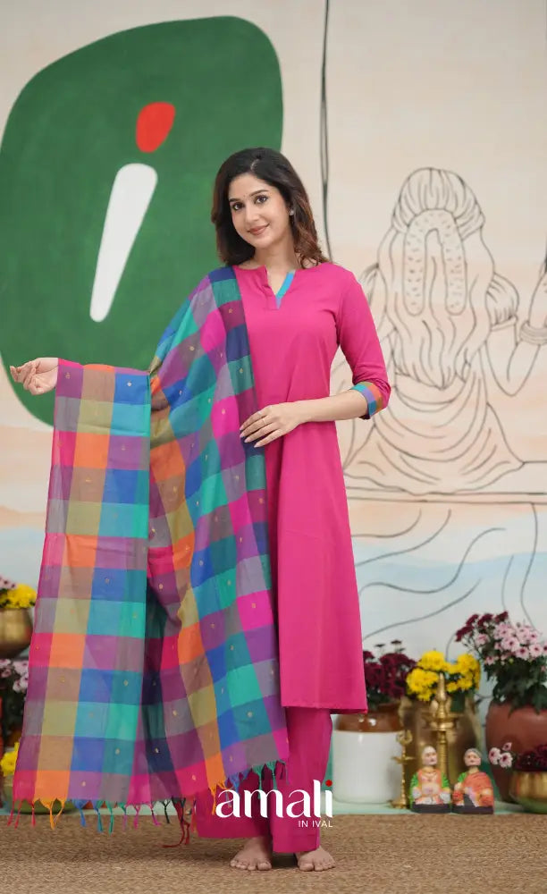 Pink and Multi Coloured Checks A-Line Salwar Set salwar