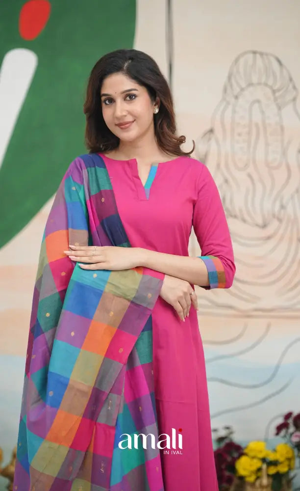 Pink and Multi Coloured Checks A-Line Salwar Set salwar