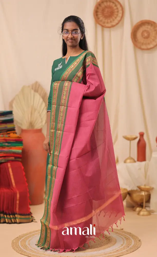Pink With Bottle Green Chettinad Cotton Dupatta salwar