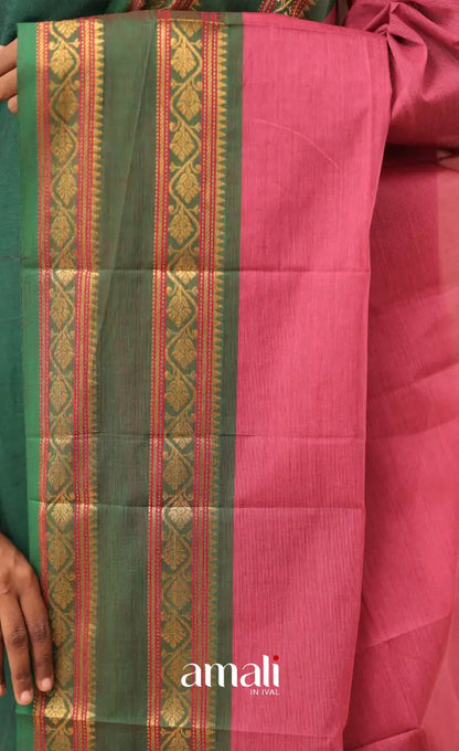 Pink With Bottle Green Chettinad Cotton Dupatta salwar