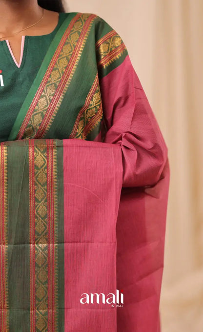 Pink With Bottle Green Chettinad Cotton Dupatta salwar