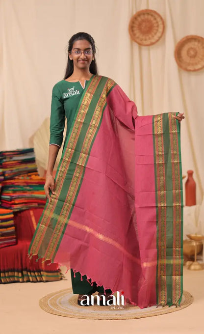 Pink With Bottle Green Chettinad Cotton Dupatta salwar