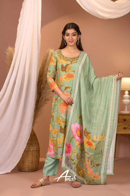 Pista Green And Pink Crepe Salwar Anarkalis