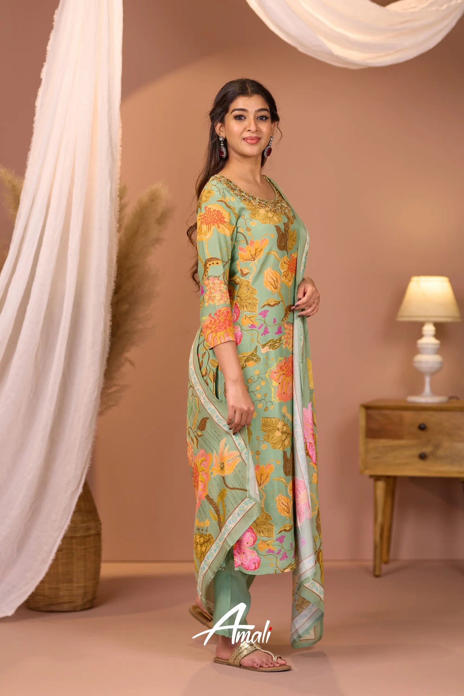 Pista Green And Pink Crepe Salwar Anarkalis