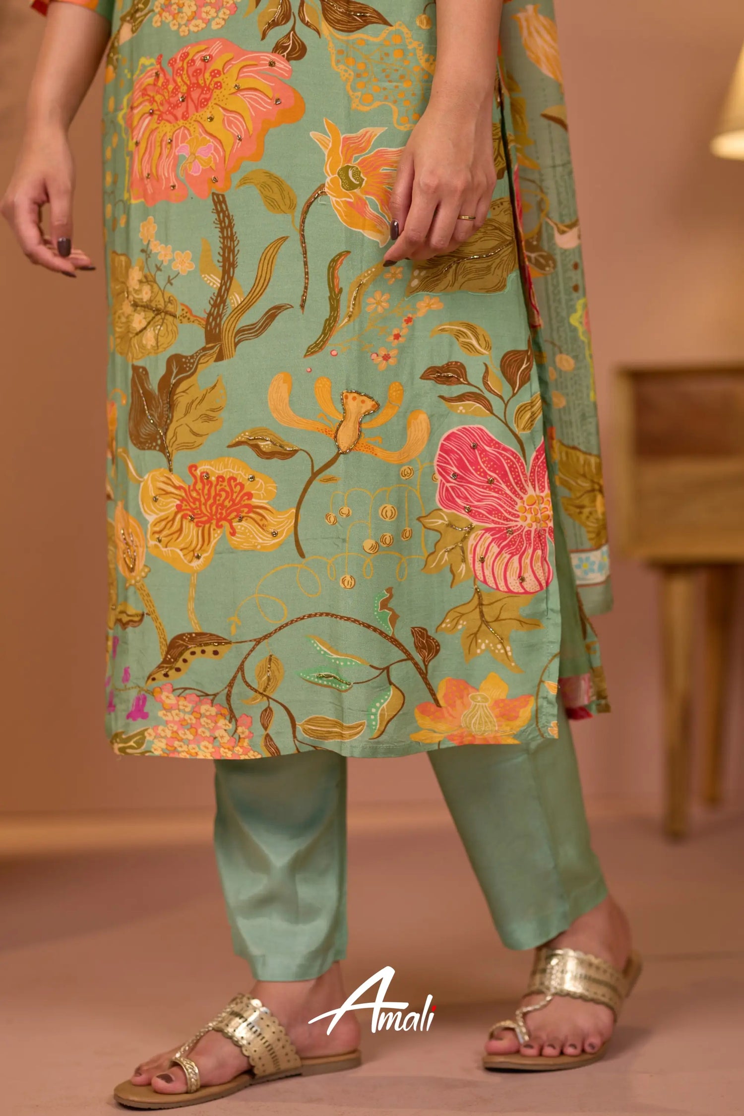 Pista Green And Pink Crepe Salwar Anarkalis