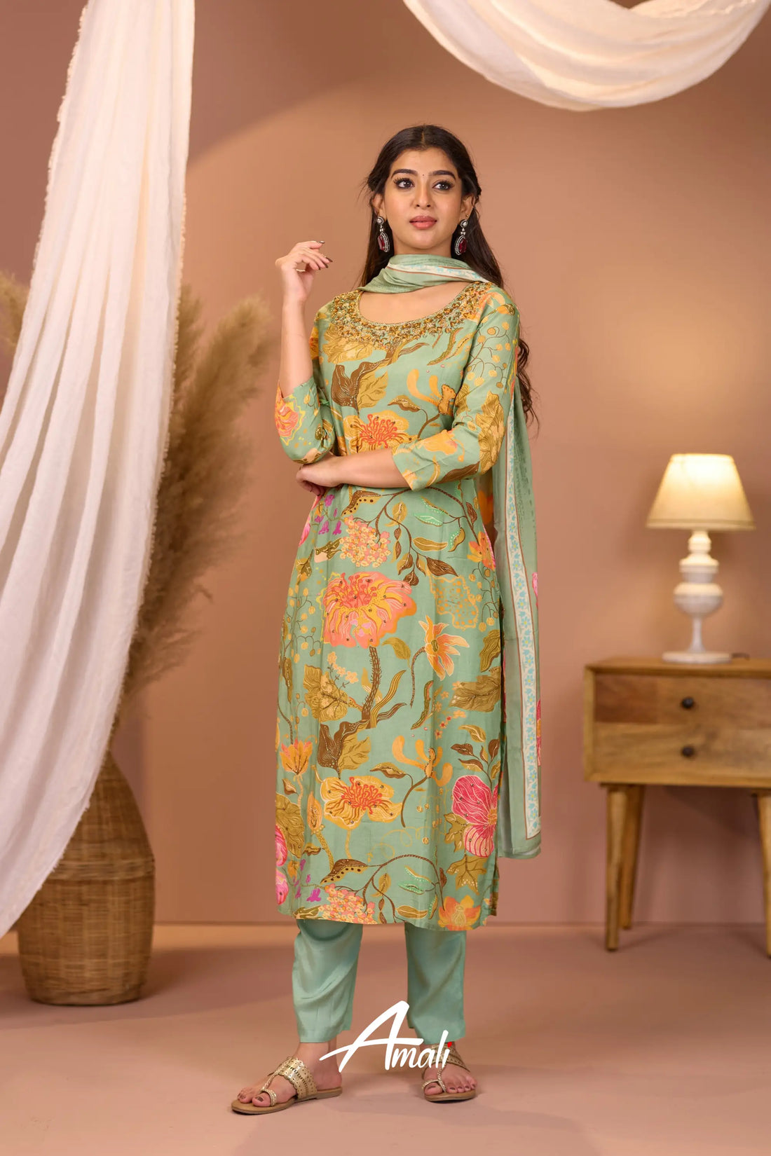 Pista Green And Pink Crepe Salwar Anarkalis