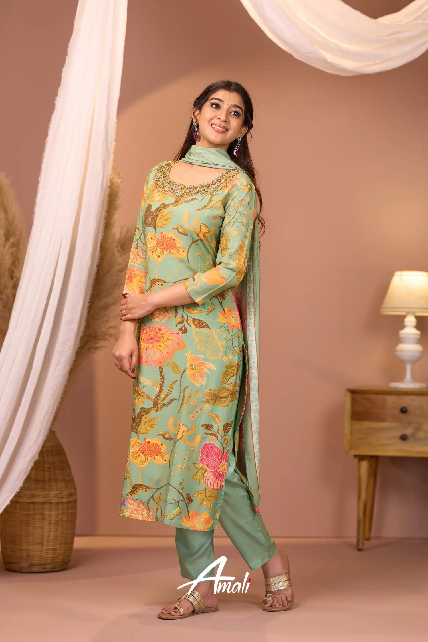 Pista Green And Pink Crepe Salwar Anarkalis