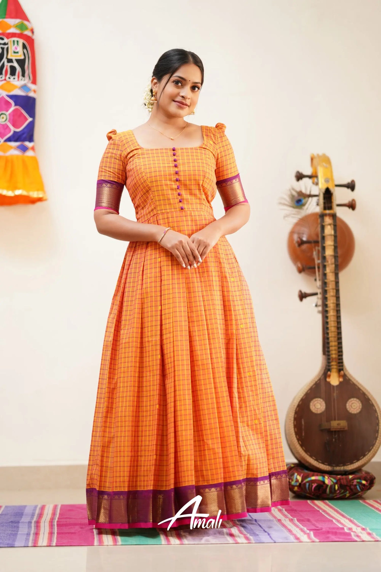 Pleasant Orange With Purple Cotton Long Gown Gown