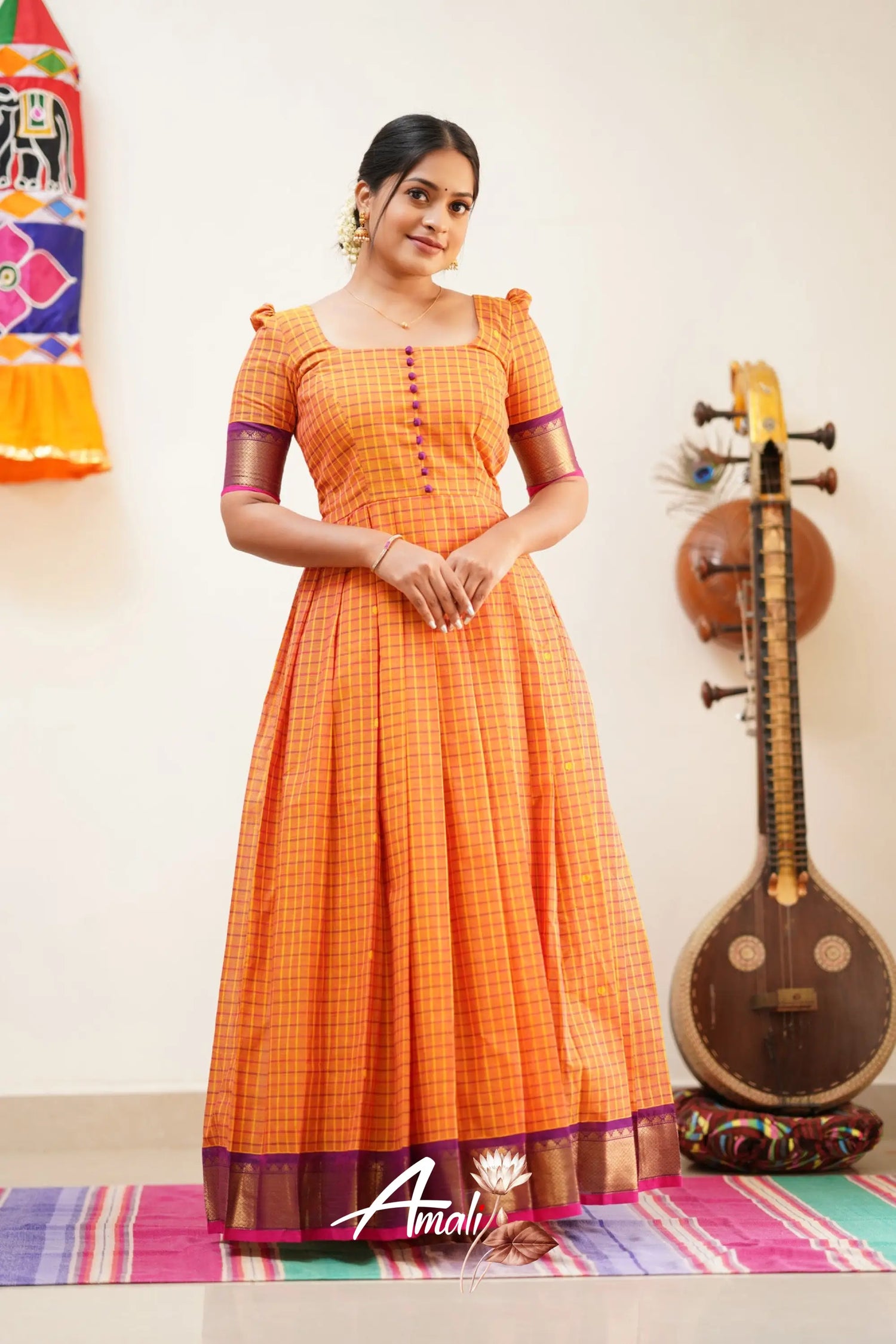 Pleasant Orange With Purple Cotton Long Gown Gown