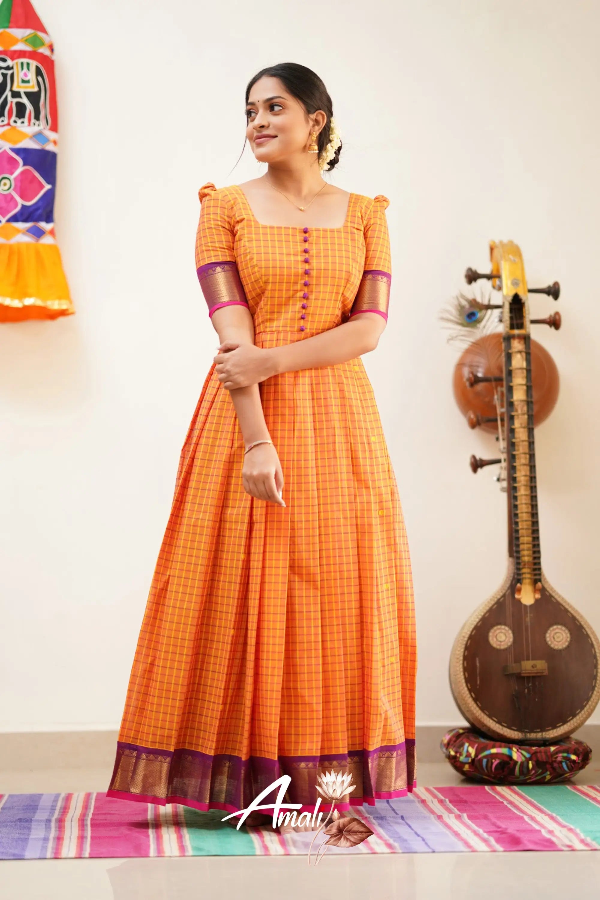 Pleasant Orange With Purple Cotton Long Gown Gown