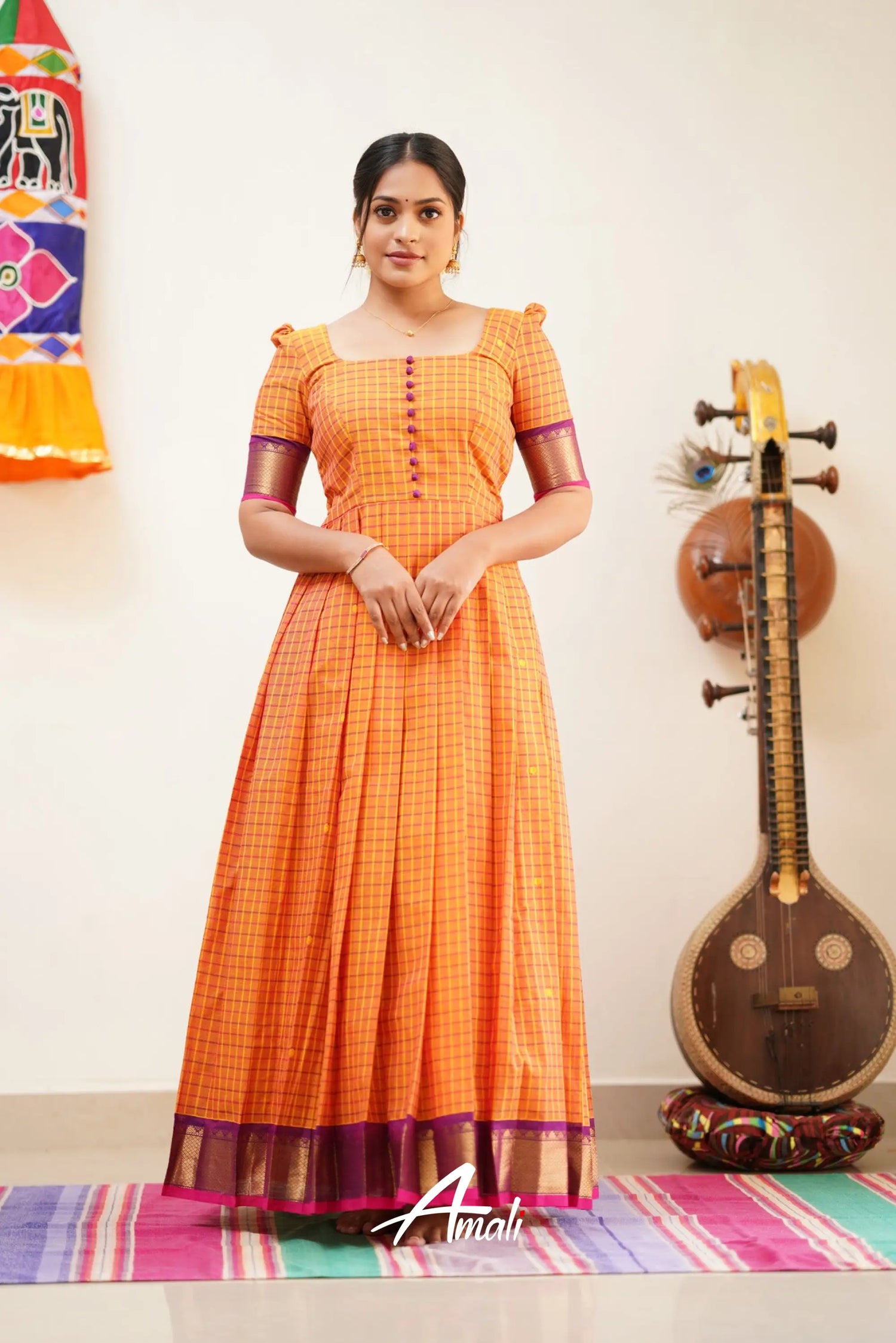 Pleasant Orange With Purple Cotton Long Gown Gown