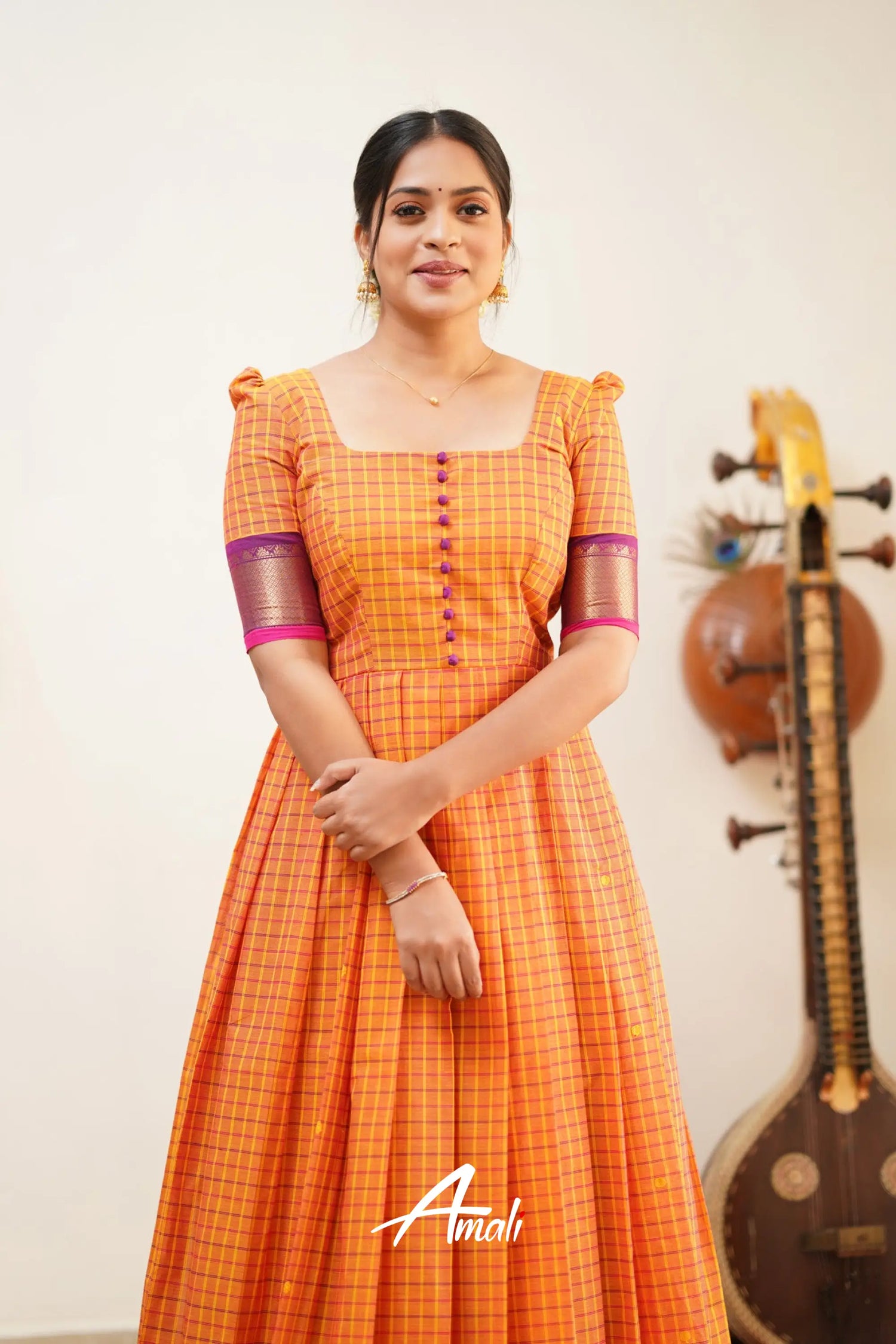 Pleasant Orange with Purple Cotton Long Gown Ivalinmabia