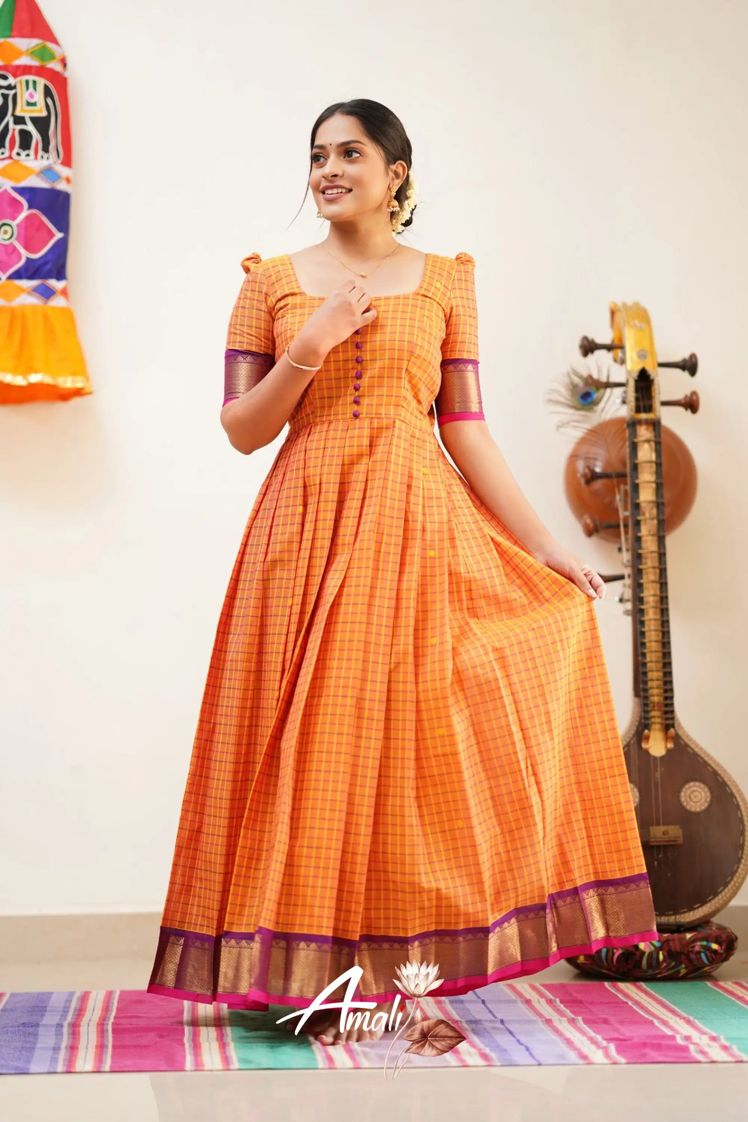 Pleasant Orange With Purple Cotton Long Gown Gown