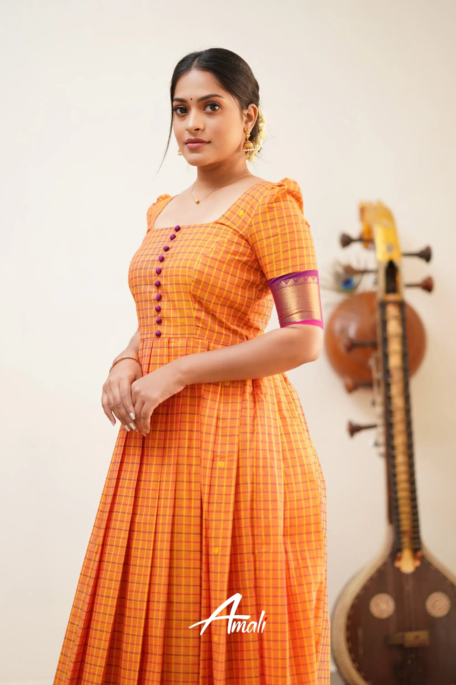 Pleasant Orange With Purple Cotton Long Gown Gown