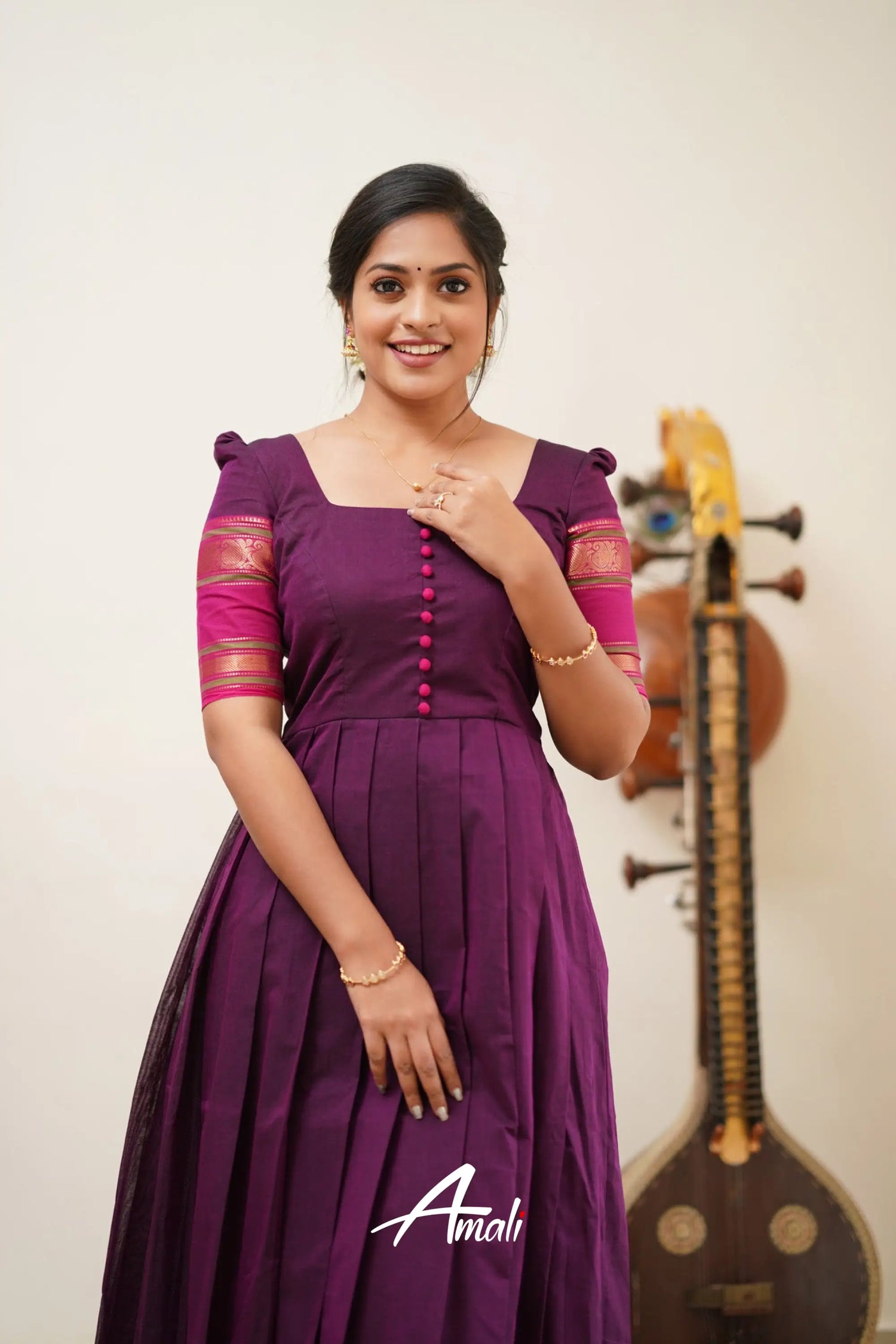 Plum With Pink Cotton Long Gown Gown