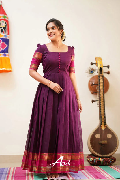 Plum With Pink Cotton Long Gown Gown