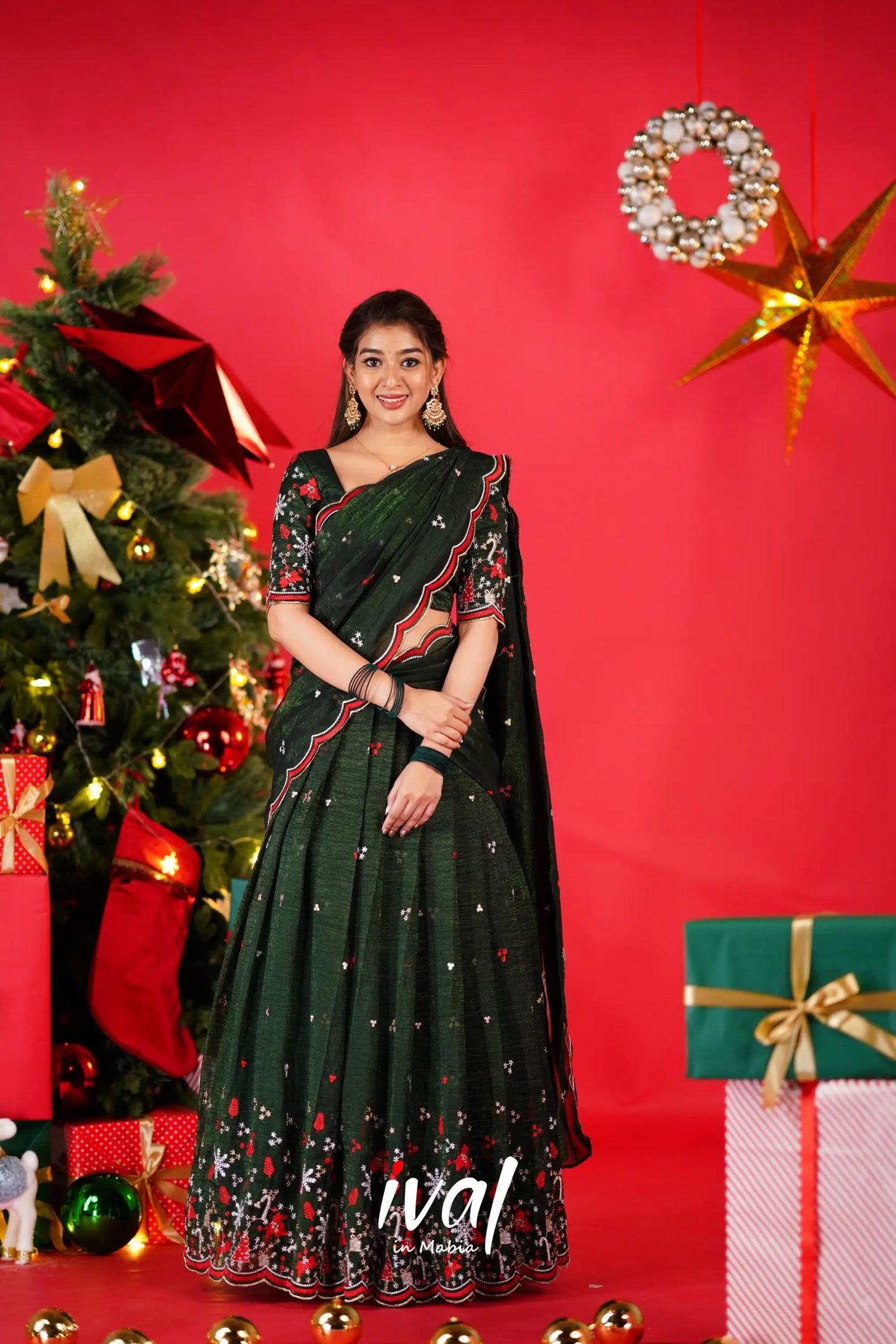 Prachi Metallic Chiffon Half Saree - Dark Green Sarees