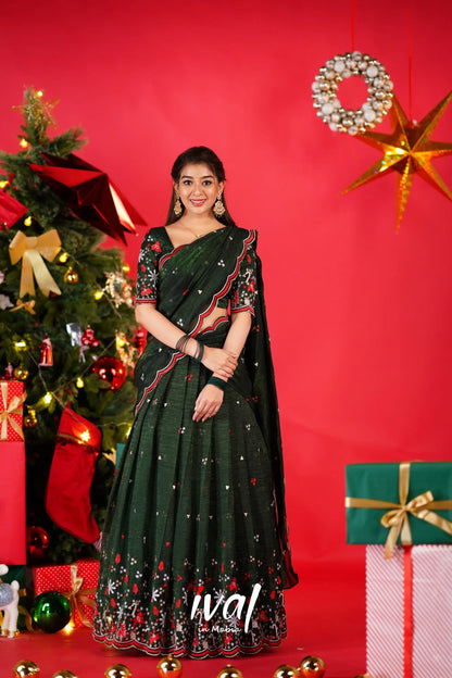 Prachi Metallic Chiffon Half Saree - Dark Green Sarees