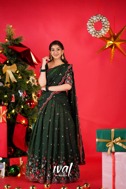 Prachi Metallic Chiffon Half Saree - Dark Green Sarees