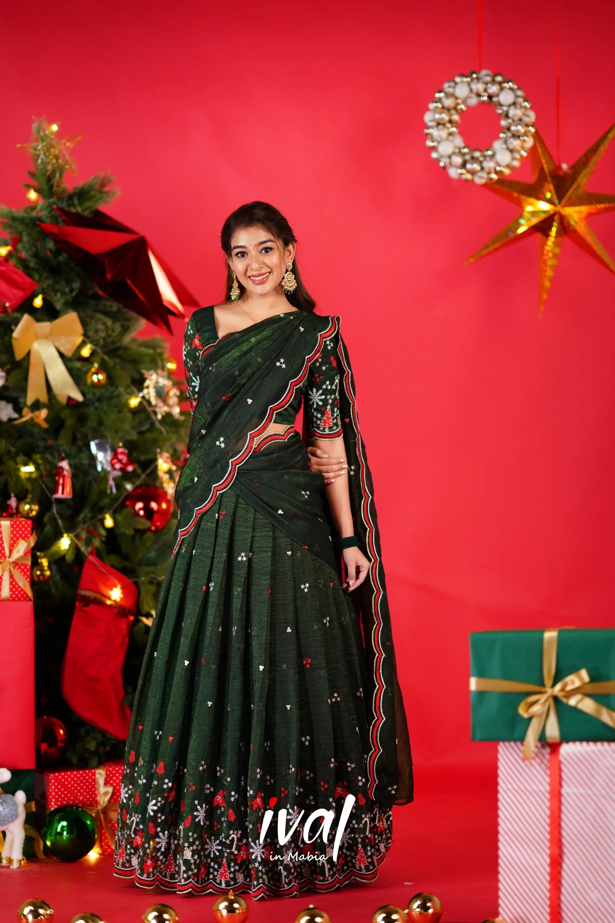 Prachi Metallic Chiffon Half Saree - Dark Green Sarees