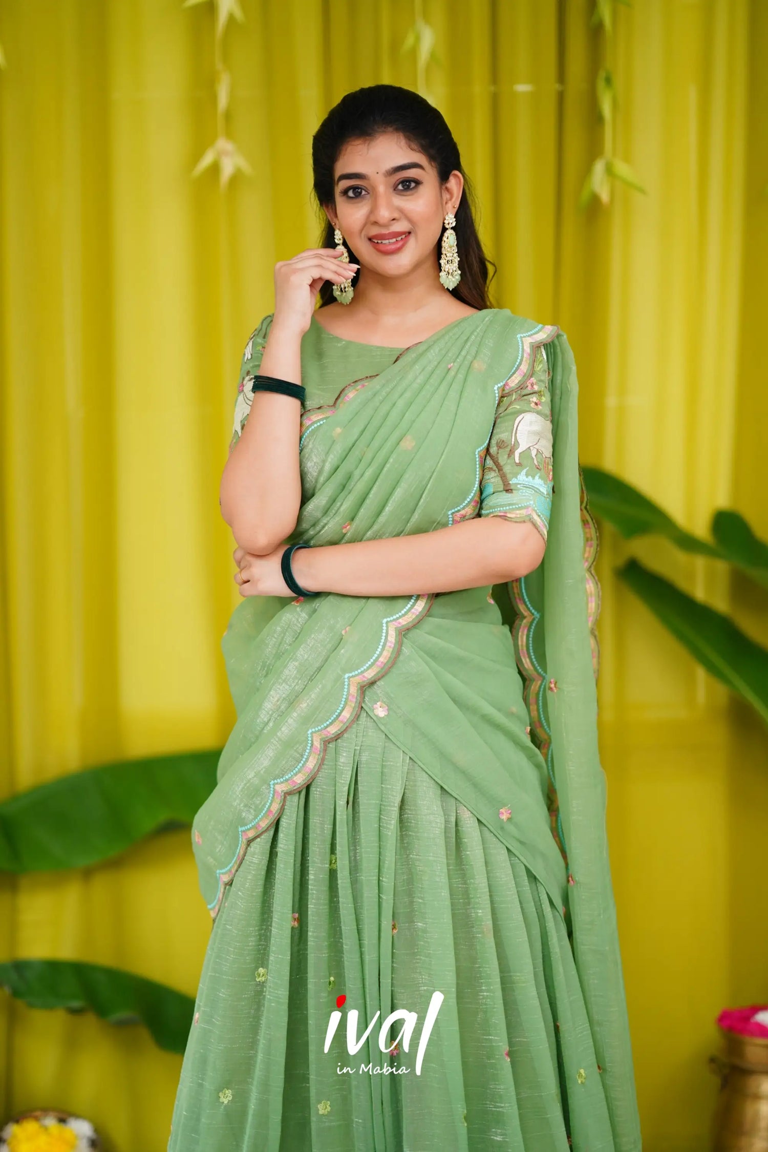 Prachi Metallic Chiffon Half Saree - Dull Green Sarees