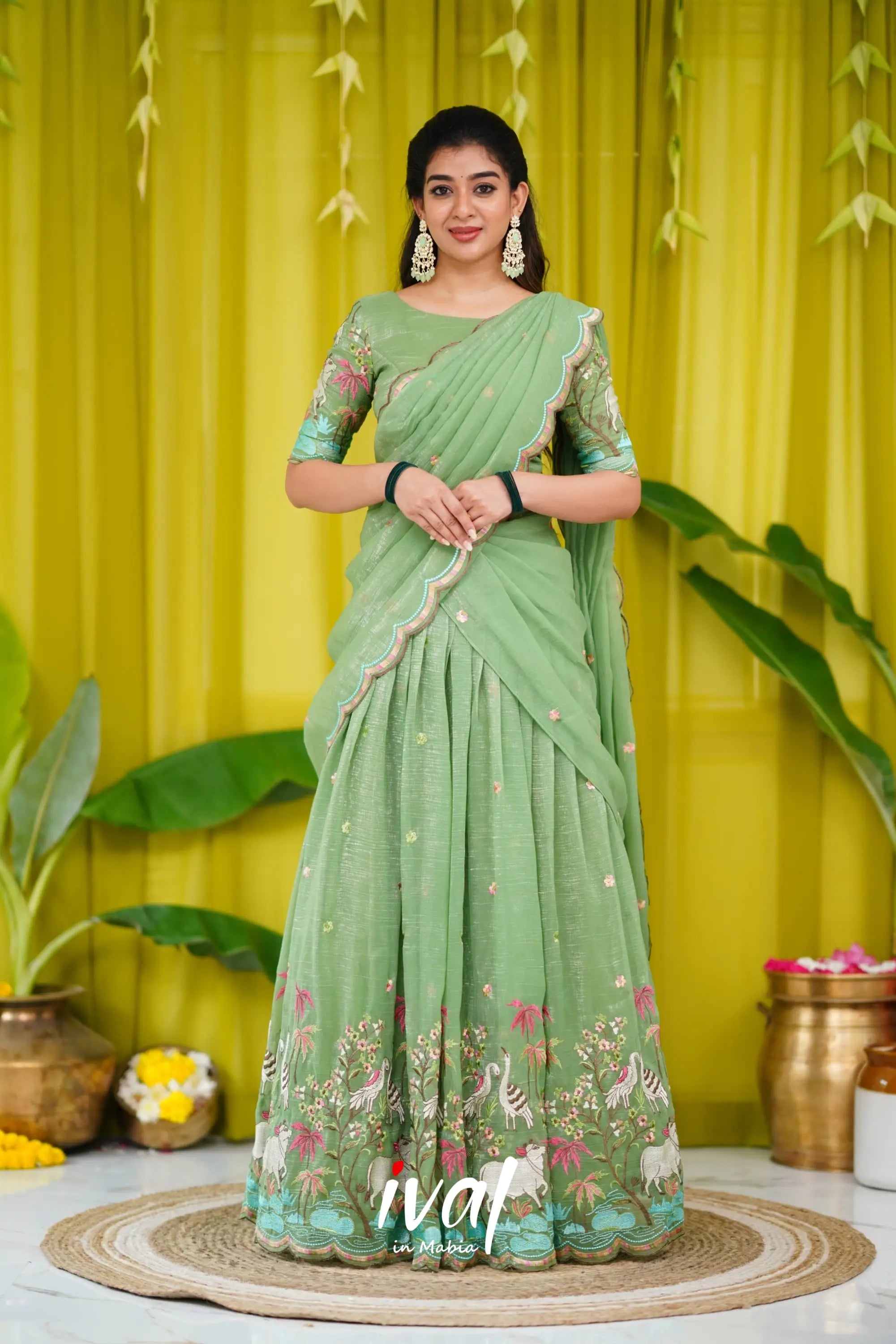 Prachi Metallic Chiffon Half Saree - Dull Green Sarees