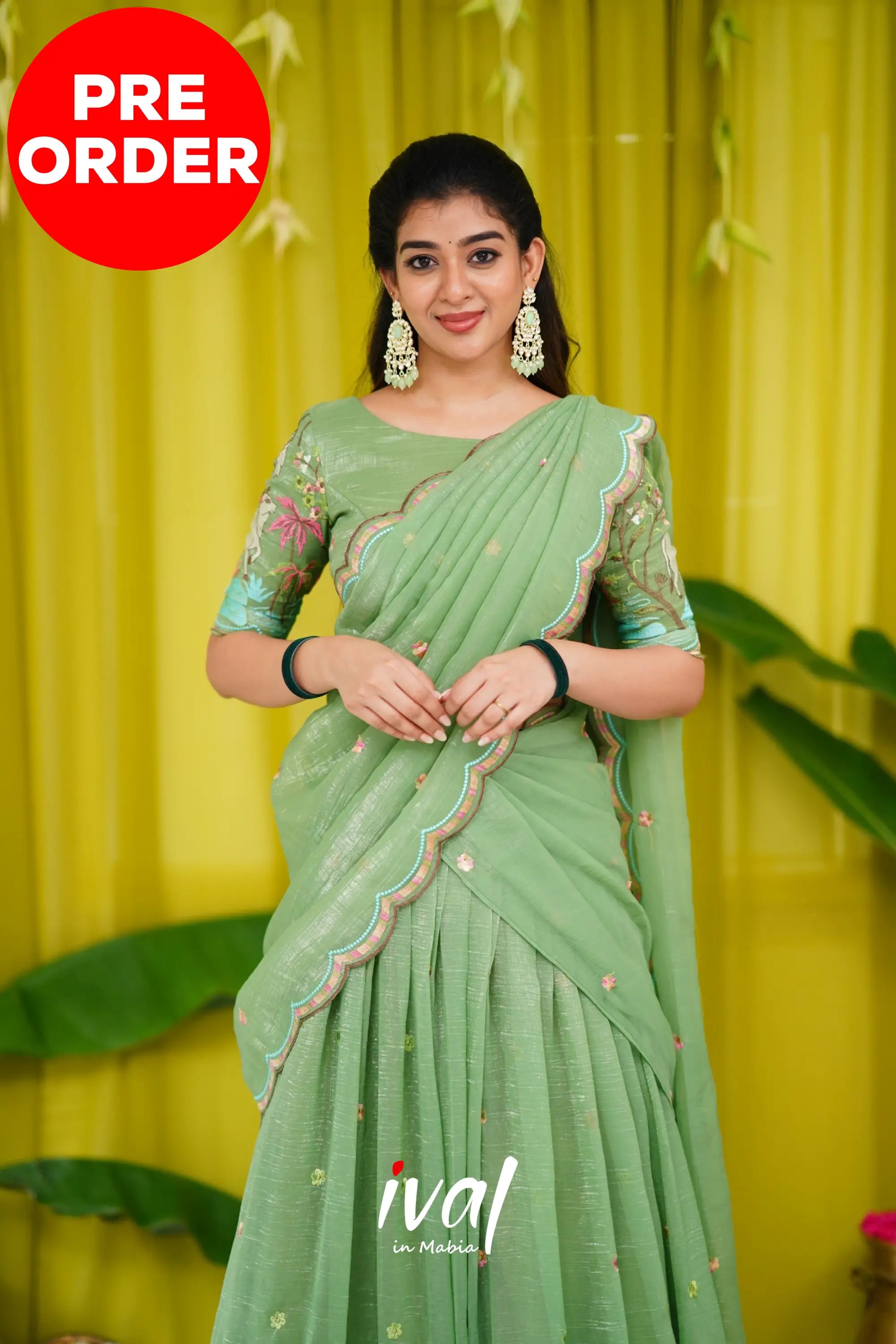 Prachi Metallic Chiffon Half Saree - Dull Green Sarees