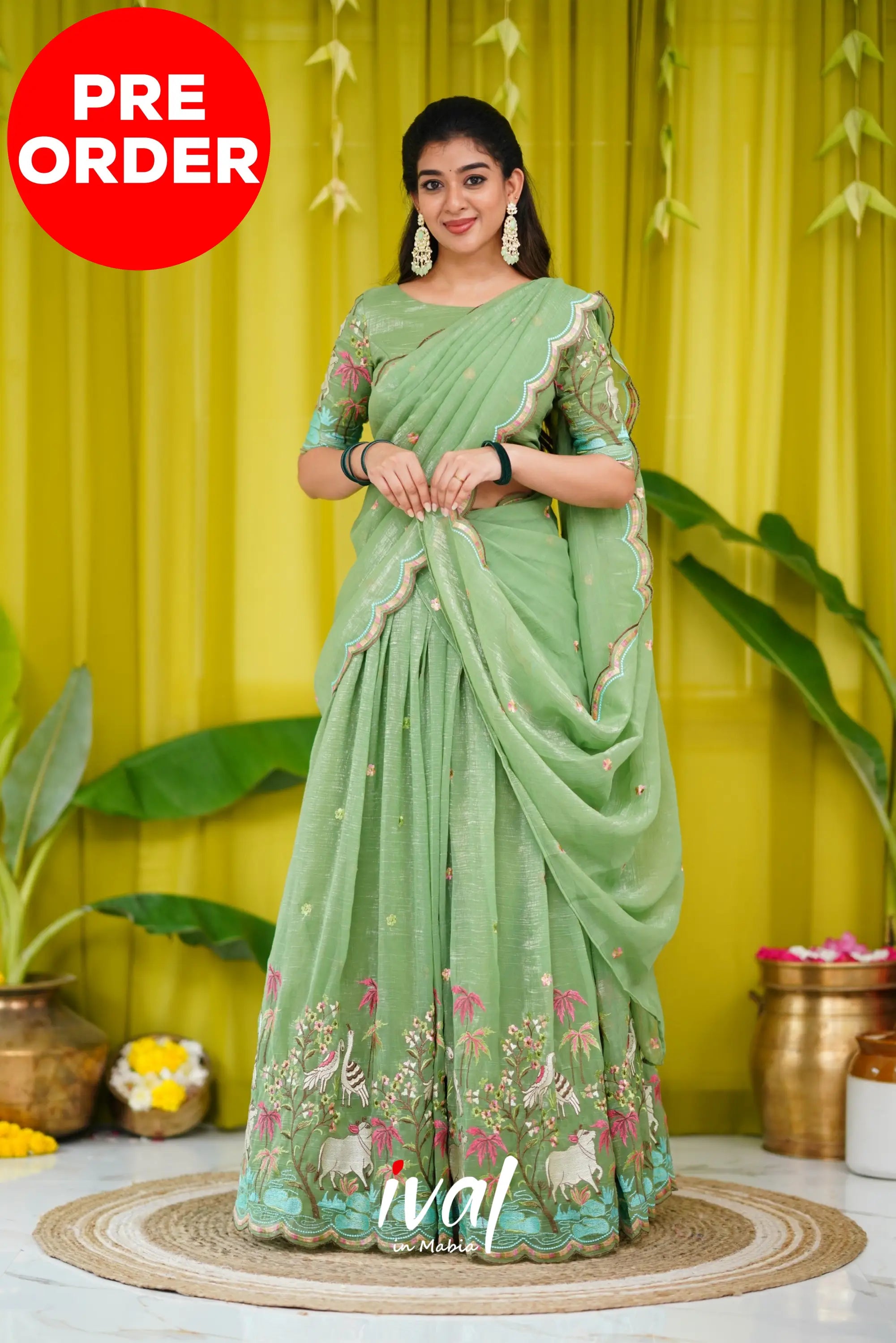 Prachi Metallic Chiffon Half Saree - Dull Green Sarees