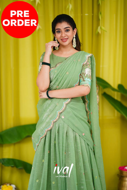 Prachi Metallic Chiffon Half Saree - Dull Green Sarees