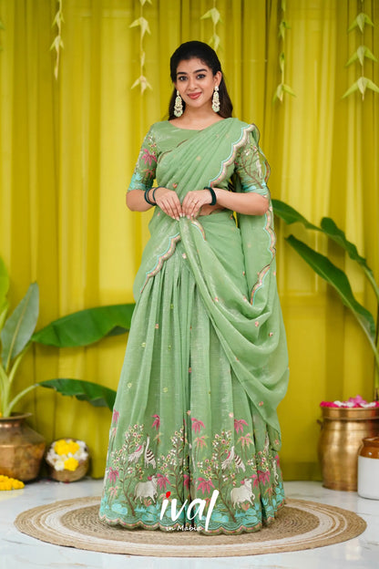 Prachi Metallic Chiffon Half Saree - Dull Green Sarees