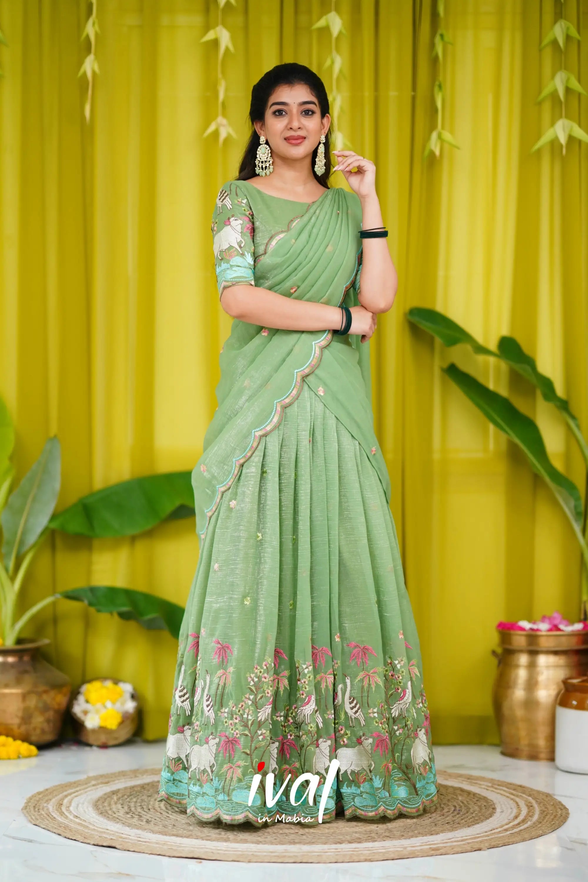 Prachi Metallic Chiffon Half Saree - Dull Green Sarees