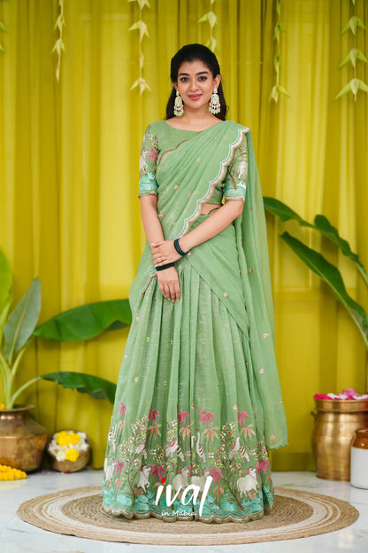 Prachi Metallic Chiffon Half Saree - Dull Green Sarees