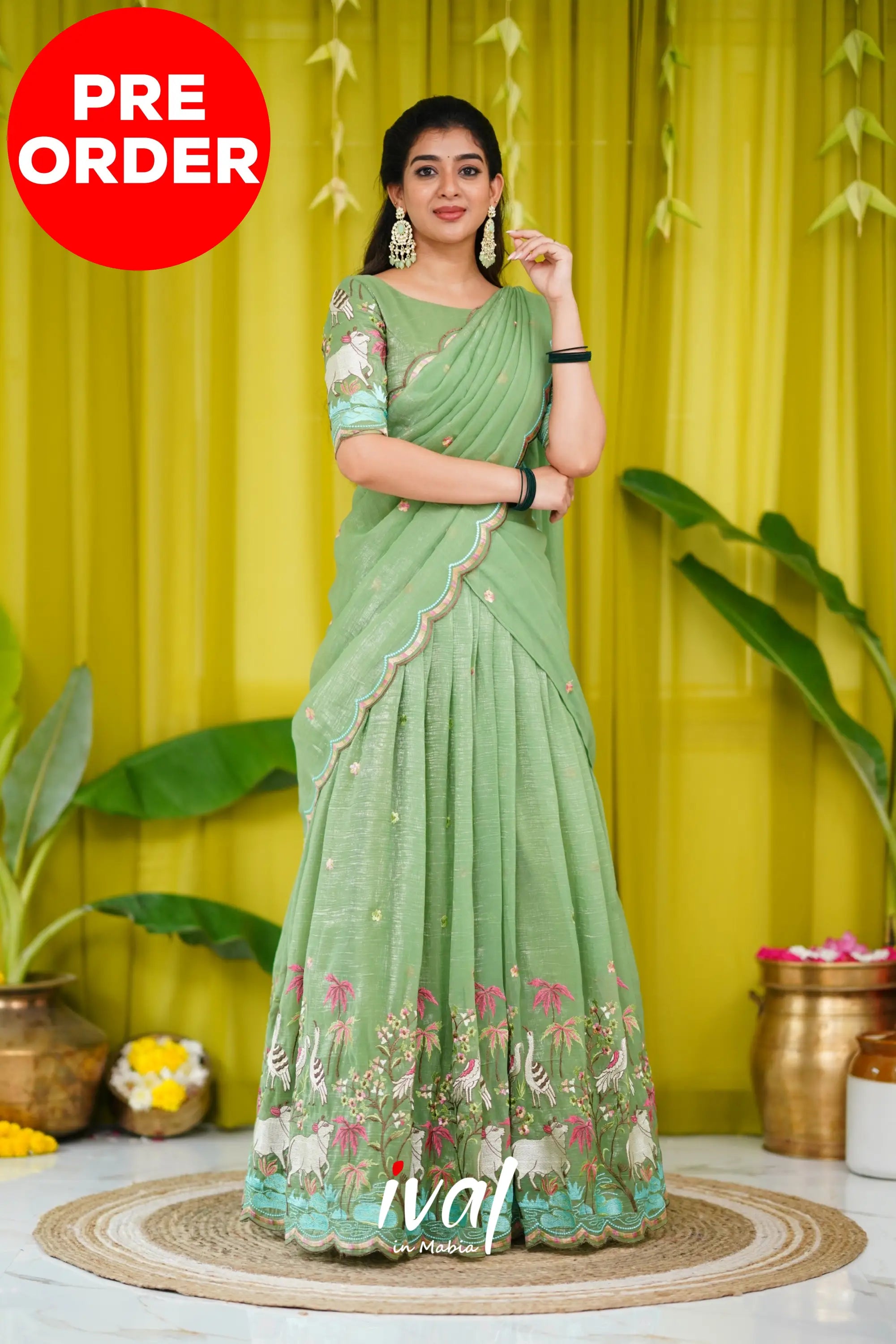 Prachi Metallic Chiffon Half Saree - Dull Green Sarees