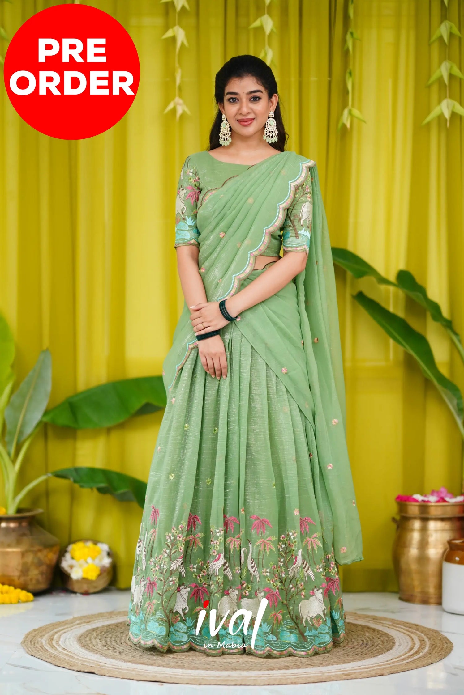 Prachi Metallic Chiffon Half Saree - Dull Green Sarees