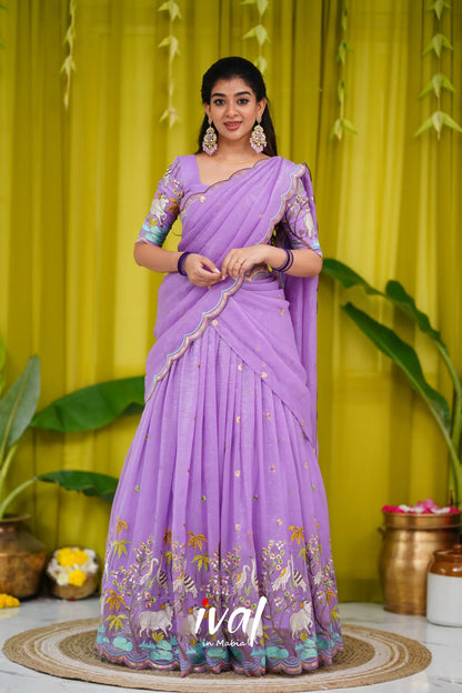 Prachi Metallic Chiffon Half Saree - Lavender Sarees