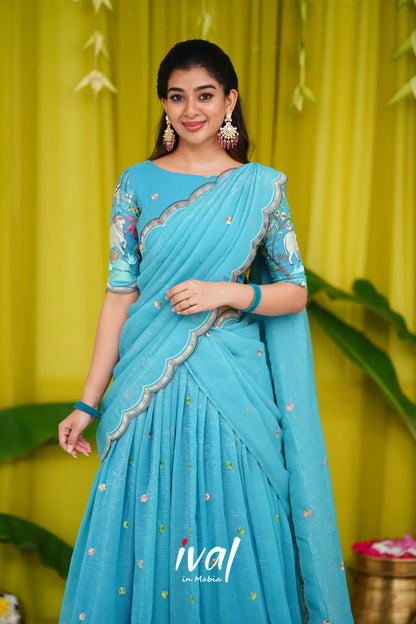 Prachi Metallic Chiffon Half Saree - Sky Blue Sarees