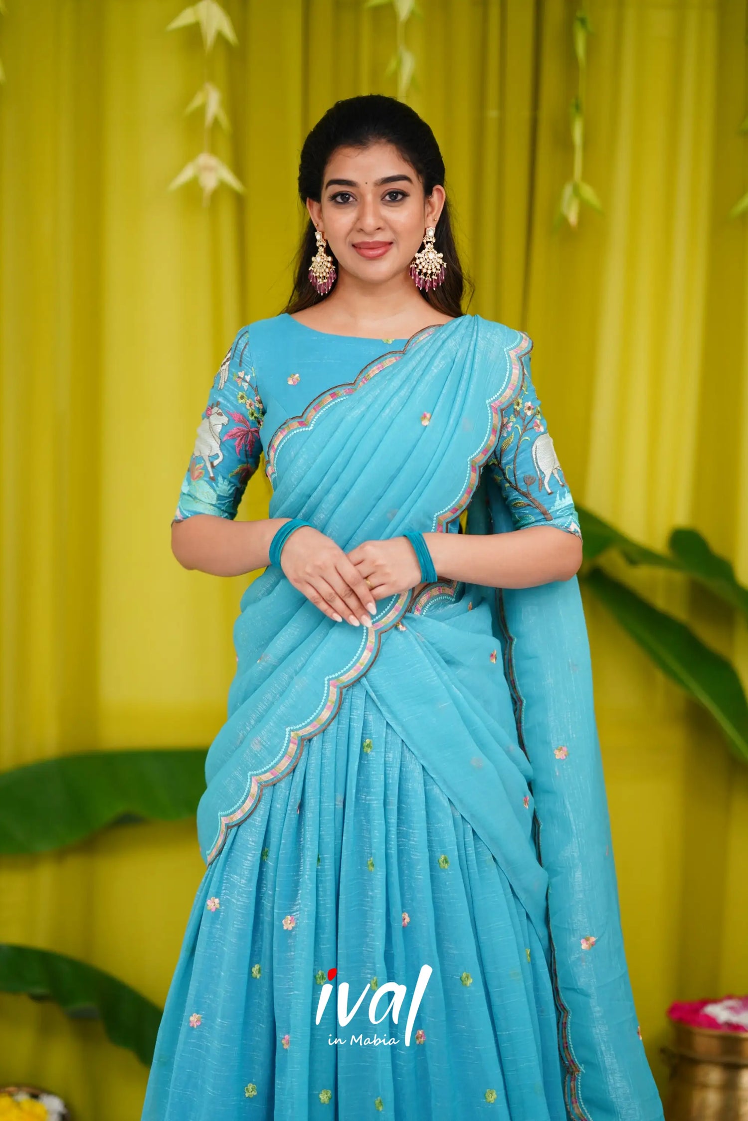 Prachi Metallic Chiffon Half Saree - Sky Blue Sarees