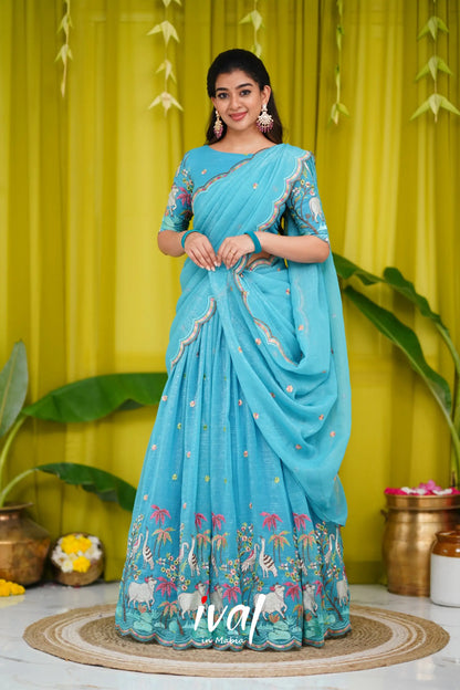 Prachi Metallic Chiffon Half Saree - Sky Blue Sarees