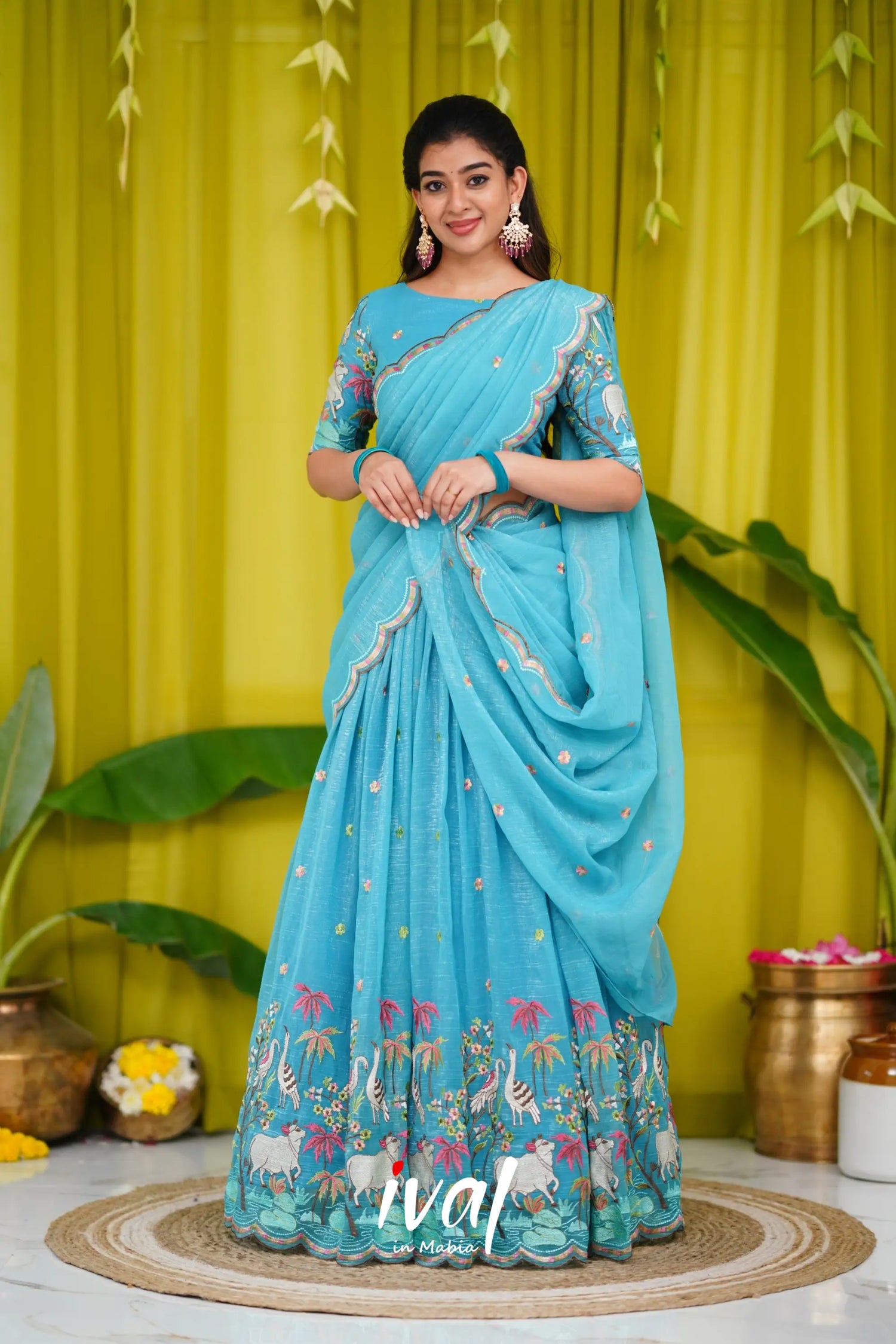 Prachi Metallic Chiffon Half Saree - Sky Blue Sarees