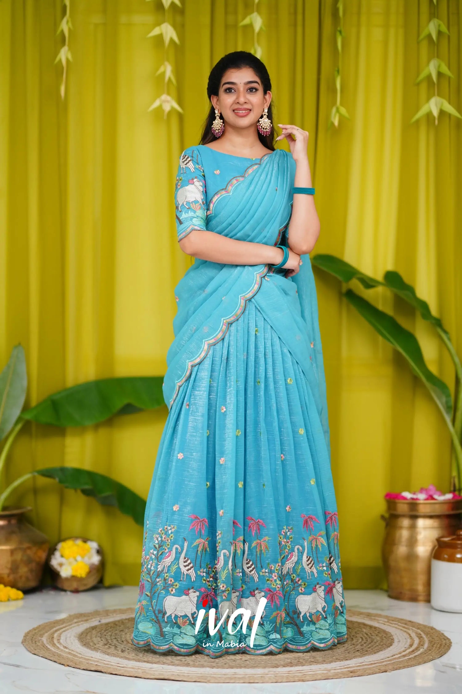 Prachi Metallic Chiffon Half Saree - Sky Blue Sarees