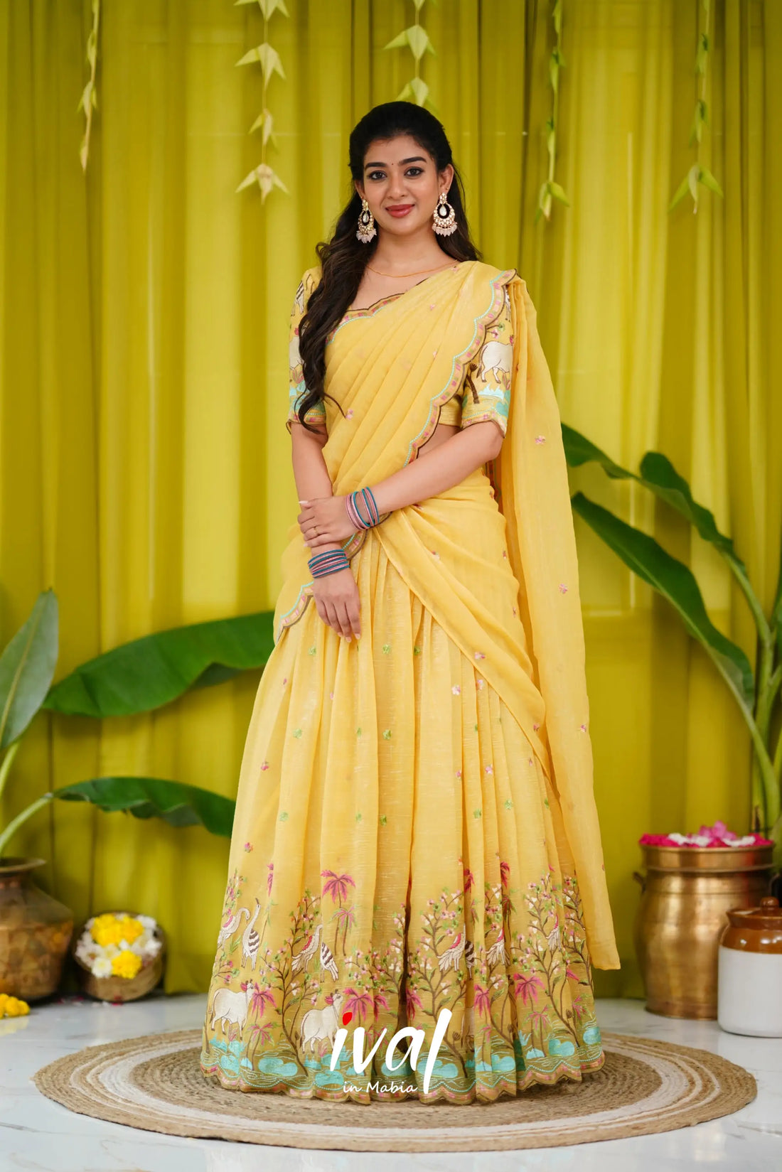 Prachi Metallic Chiffon Half Saree - Yellow Sarees