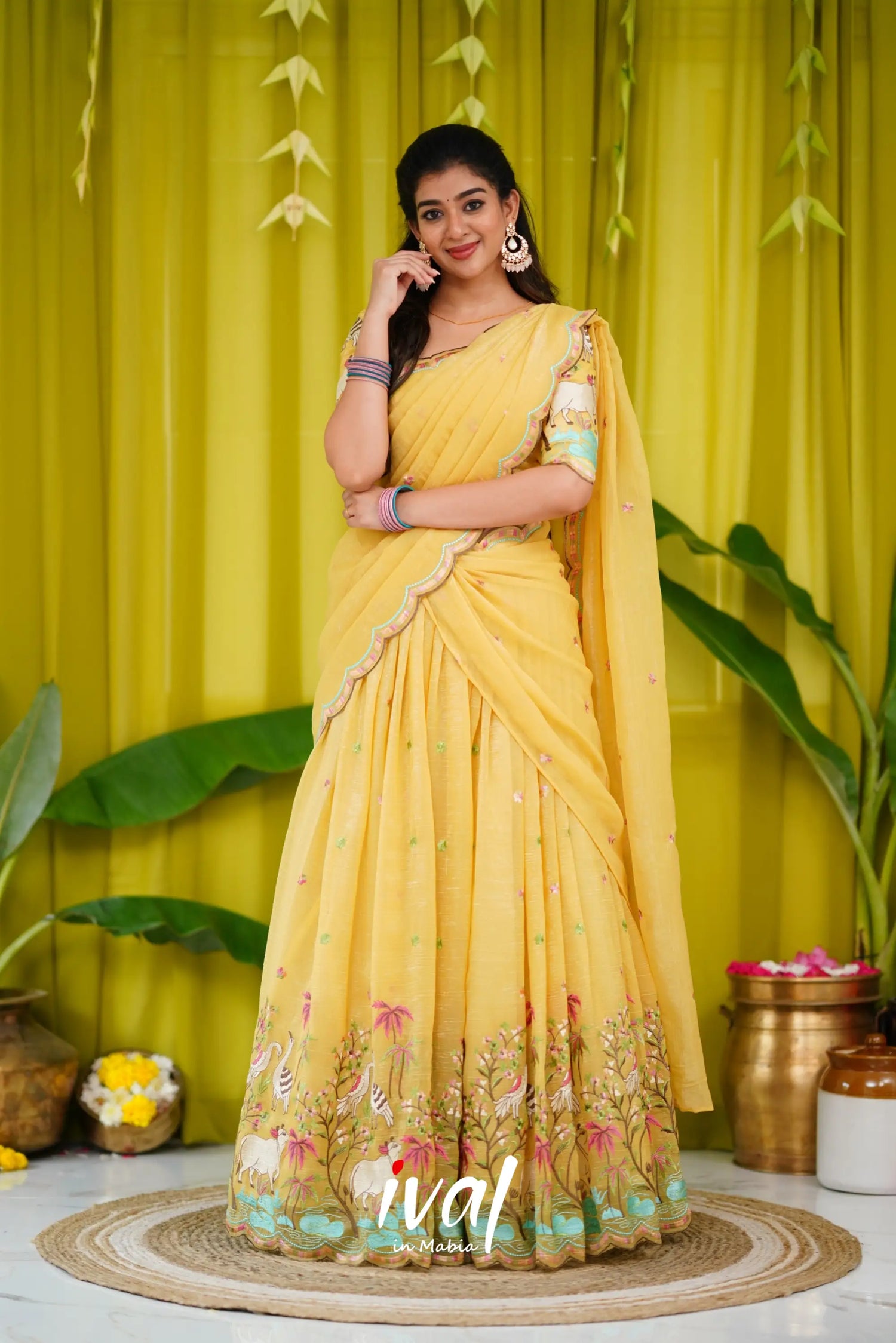 Prachi Metallic Chiffon Half Saree - Yellow Sarees